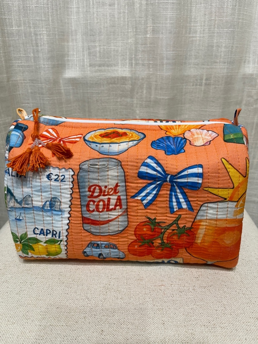 Brand New Orange Quilted Cosmetic Pouch with Tassel